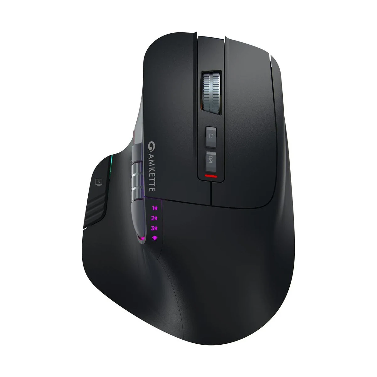 Amkette XS Series Flow Ergonomic Wireless Mouse/Bluetooth Mouse with Side Scroll, 2.4GHz & 3X BT, 8 Buttons, Multi-OS, Rechargeable, 3200 DPI, RGB Lighting, Productivity Design, 2 Yrs Warranty