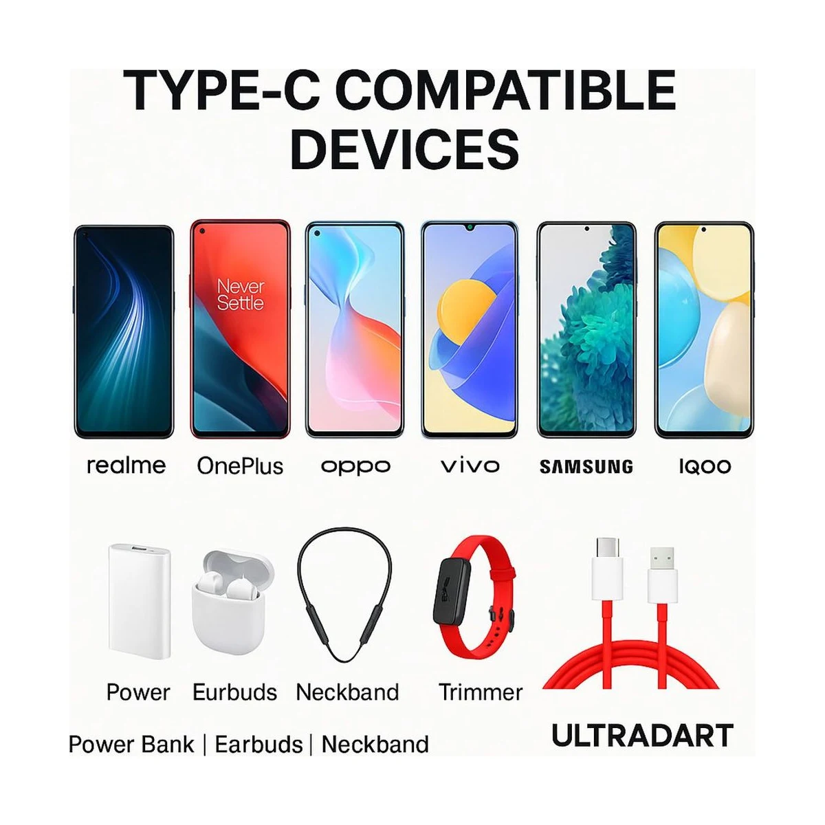 ULTRADART USB Type C Cable 1 m original 100W PD Fast Charging Cable | Supports VOOC, SUPERVOOC, WARP, DASH | Compatible with OnePlus, Oppo, Realme, Nothing, Moto, Samsung – Red - Red - Angle 4